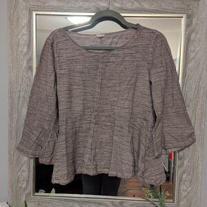 Gray and Tan Smocked Peplum Blouse with Bell Sleeves